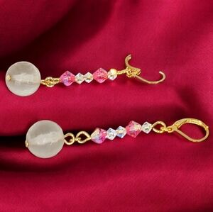 Gold Dangle Drop Earrings Pink Crystals Dollette Lovecore Coquette Girl Mod 60s